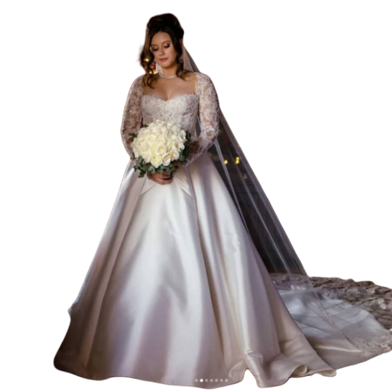 Princess A-Line Wedding Dresses Lace Long Sleeves Open Back Chapel Bridal Gowns Beaded White Satin Classic British Bride Dress Custom made