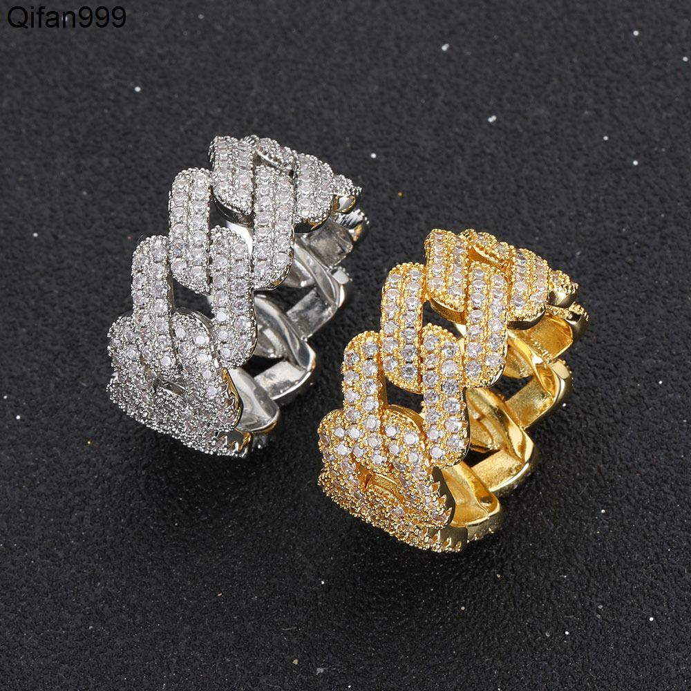 Trendy Hip Hop Men Gold Diamond Ring Gold Plated Bling Cubic Zircon Iced Out Cuban Chain Rings