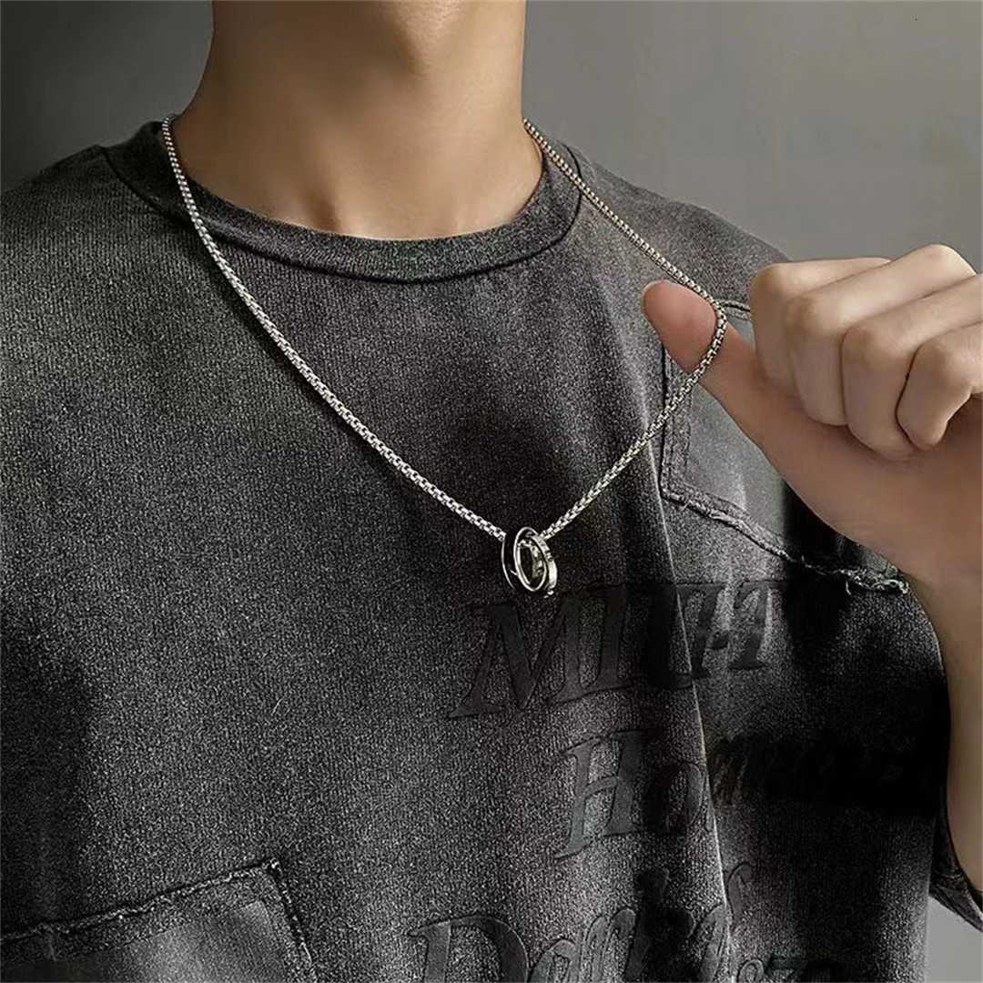 Mens Titanium Steel Necklace Fashion Double Ring Drip Oil Inlaid Zircon Sweater Chain Necklace Stainless Steel Jewelry Gift W250712
