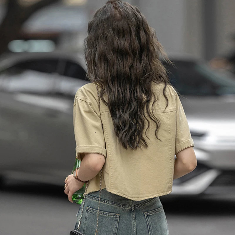 Vintage Khaki Denim Shirt Women 2025 High Street Short Sleeve Cropped Summer Streetwear Y2K Cargo Jacket Female 250704