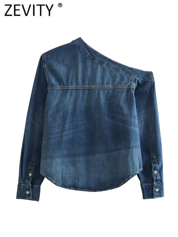 Zevity Women Fashion Single Shoulder Asymmetrical Denim Smock Blouse Femme Chic Pocket Patch Shirt Chemise Blusas Tops LS3736 250704