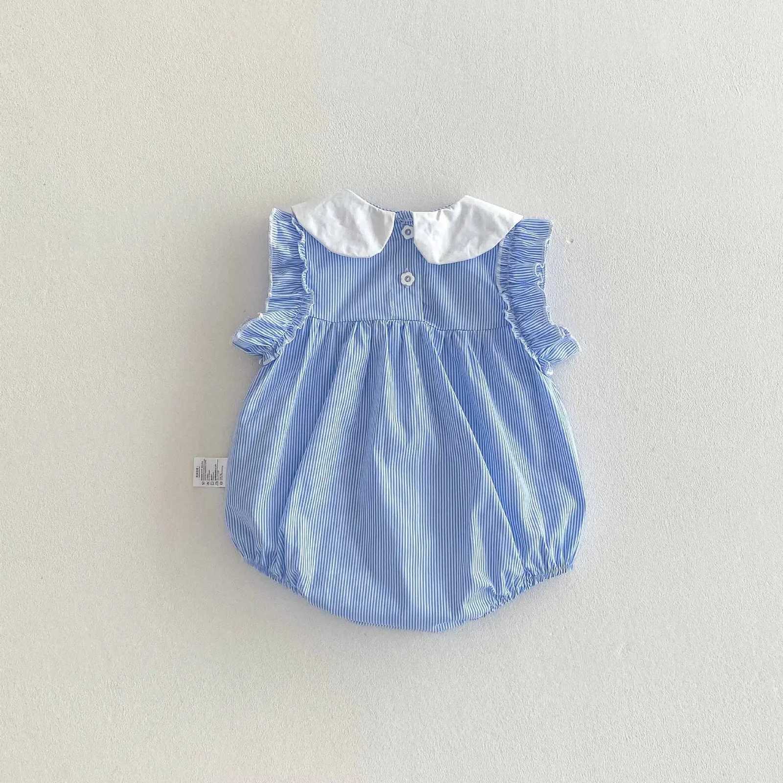 Baby Girl Summer Sleeveless Romper A-Class Cotton Blue White Stripe Peter Pan Collar Flower Applique Fresh Sweet Bodysuit Z250712