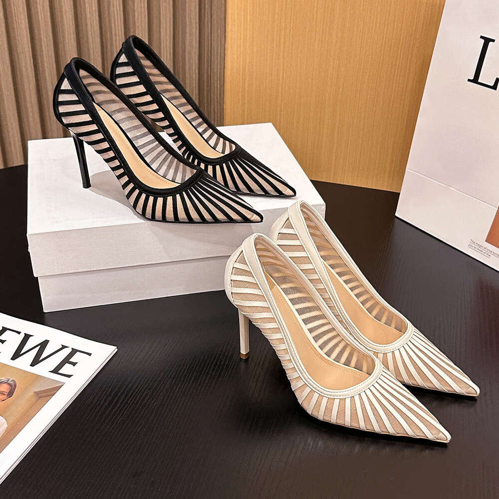 97035-18 Mesh High Heels Goddess Style New Pointed Toe Elegant Striped Single Fashion Stiletto Socialite Women's Shoes