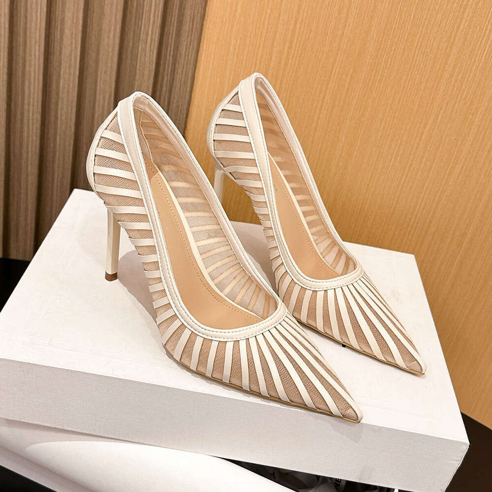 97035-18 Mesh High Heels Goddess Style New Pointed Toe Elegant Striped Single Fashion Stiletto Socialite Women's Shoes