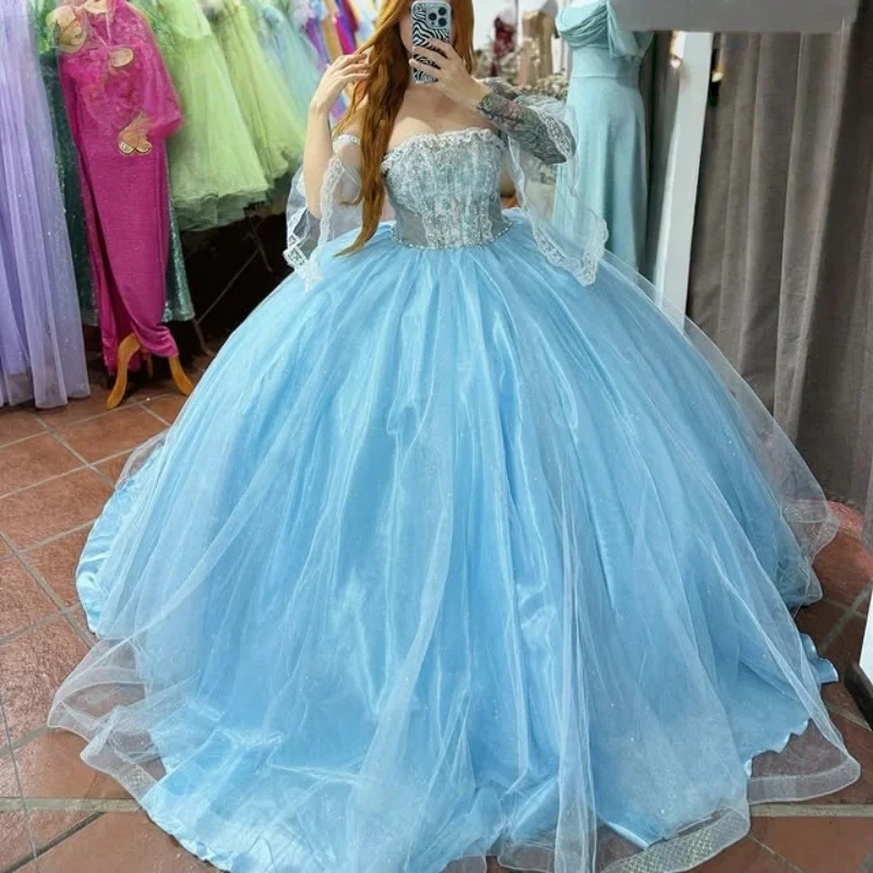 Sky Blue Quinceanera Dresses Off the Shoulder Sequin Beading Long tail Vestidos 15 De Anos Sweet 16 Dress
