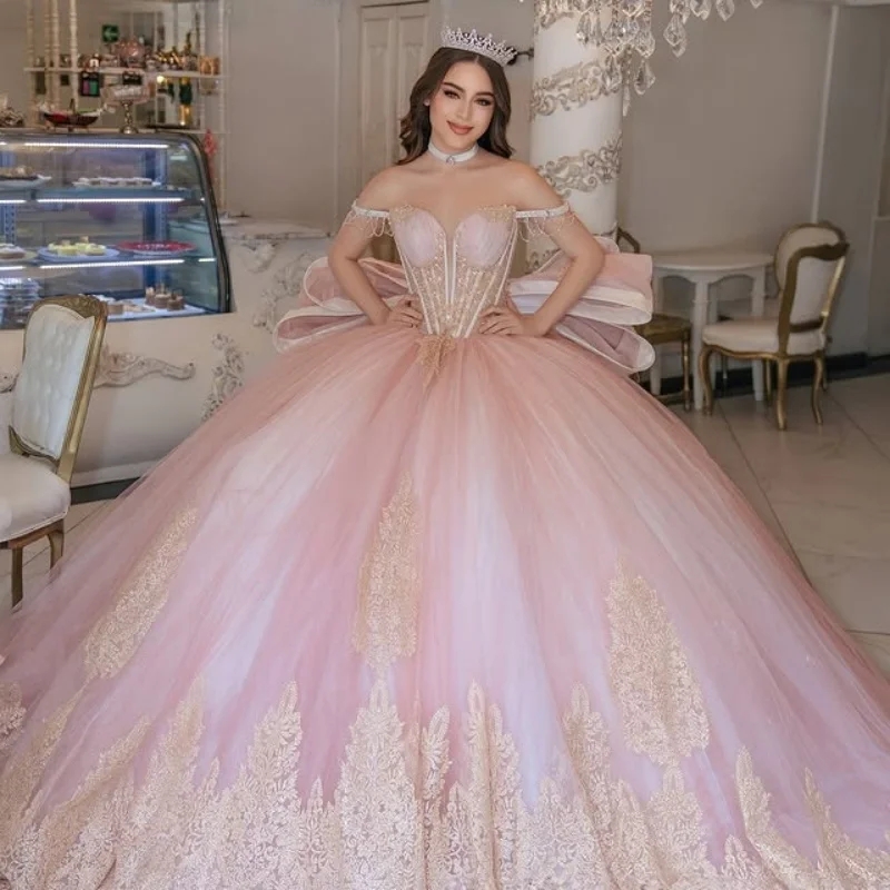 Pink Quinceanera Dresses Off the Shoulder Applique Lace Beads layering Long tail Vestido 15 De Anos Sweet 16 Dress