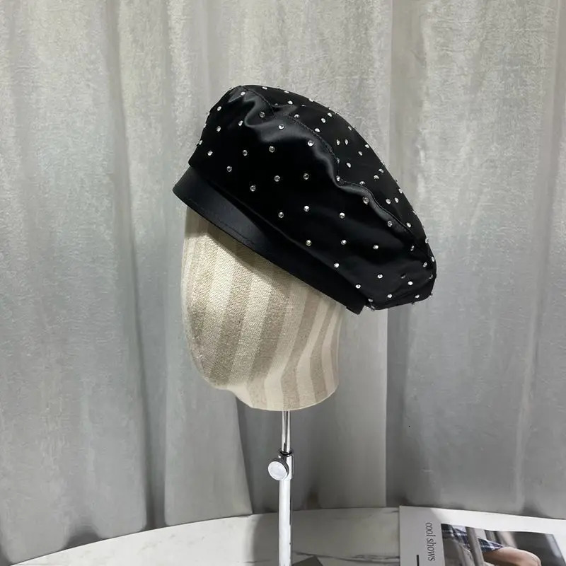 Satin Rhinestone Beret Cap Womens Fashion Black Painter Hat Spring and Autumn Octagonal Hats sboy Gorras Casquette 250712