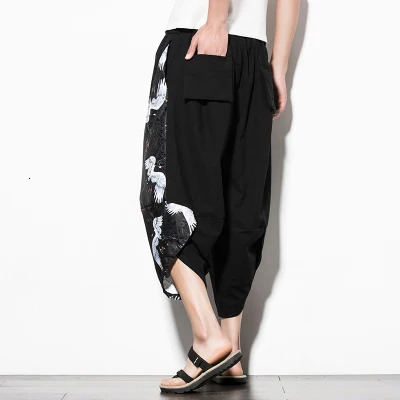 Drop Men Harajuku Harem Pants Summer Cotton Joggers Calf-Length Pants Male Vintage Chinese Style Print Trousers 250708