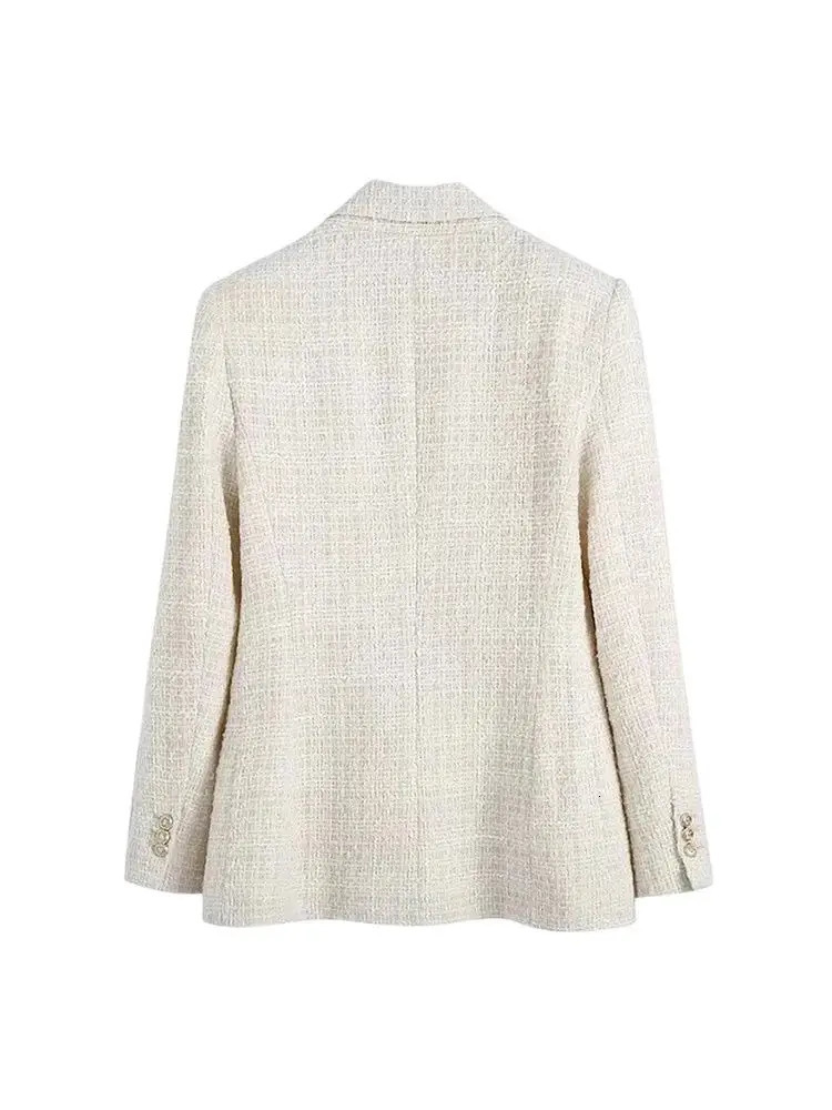 TRZA Women Fashion Tweed Double Breasted Blazer Coat Vintage Long Sleeve Flap Pockets Female Outerwear Chic Veste Femme 250708