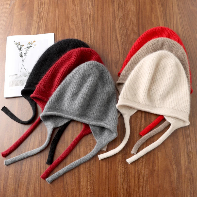100%Pure Wool Womens Winter Knitted Hats Cute Lace-up Students Pullover Hat Autumn Winter Warm Windproof Earflap Beanies Female 250712
