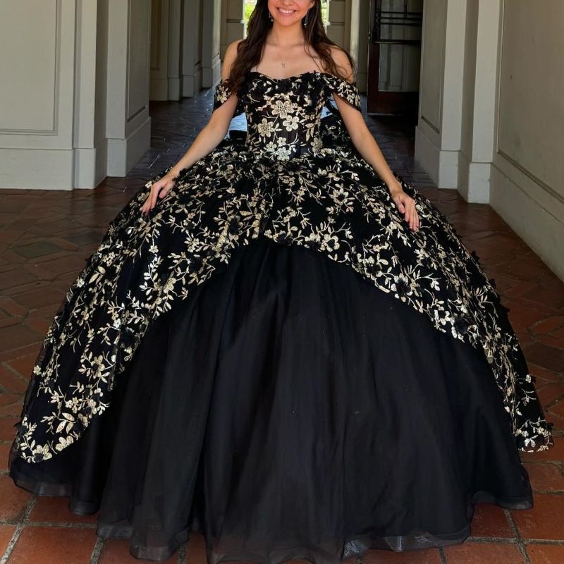 Black Sparkly Quinceanera Dresses Off Shoulder Sequin Gold Appliques Lace Beads Ball Gown Sweet 16 Dress Party Birthday Vestidos De 15 Anos