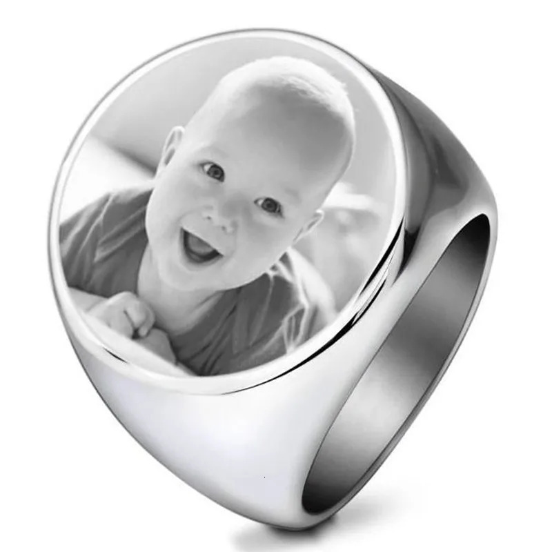 Personalized Rings Mens Stainless Steel Round Signet Ring With Po Name Man Custom Jewelry 250708