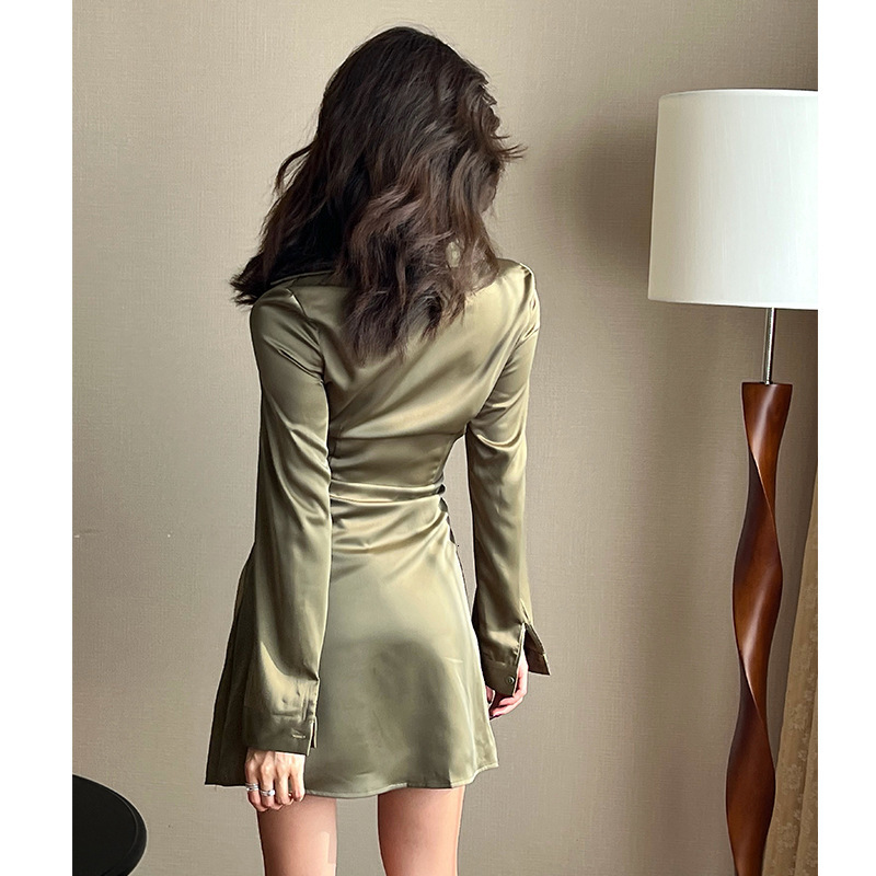 2025 Summer new women's dress new shiny green shirt dress slim fit lapel waist tight shirt dress short skirt fashionable new luxury designer wome