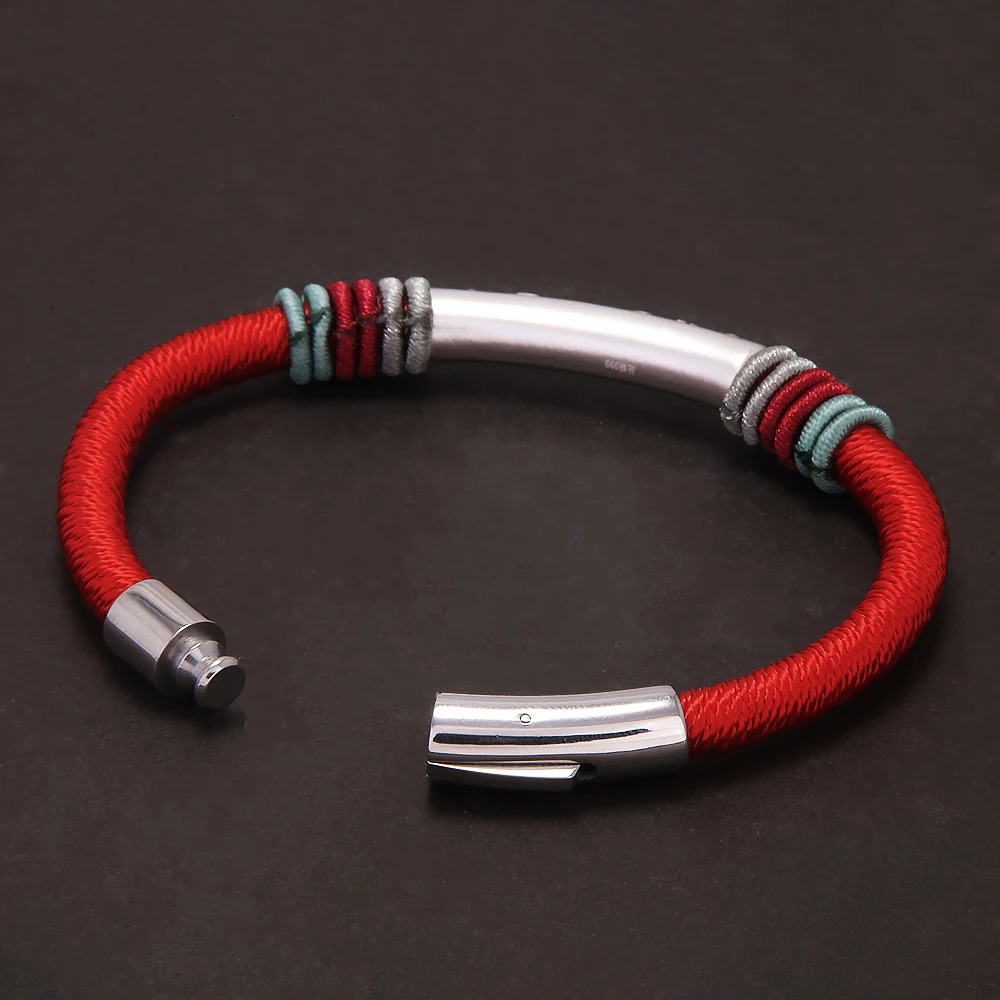 999 Pure Silver Six Words Mantra Tube Charm Rope Bracelet Hand Woven Black Red Braided Bracelet Women Men Retro Jewelry 250712