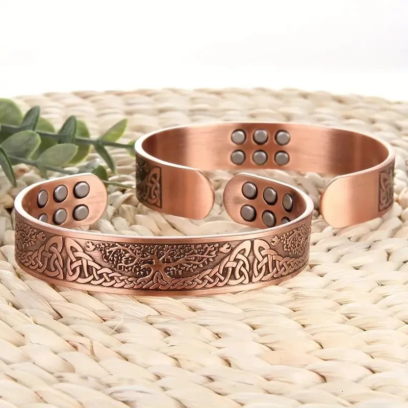 Pure Copper Cuff Bracelet Bangle Tree of Life Carving Magnetic Bracelets For Men With 3500 Gauss Magnets Adjustable Size 250712