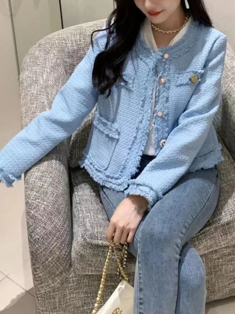HMA Korea Chic Elegant Tweed Jacket Woman Fall Button Up O-Neck Tassel Coat Female Full Sleeve OL Jacket 250709