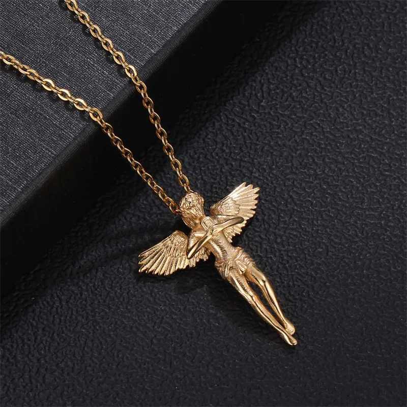 18K Gold Plated Angel Wing Signet 3D Pendant Necklace Hiphops Stainless Steel Cupids Angel Pendant Men Jewelry W250712