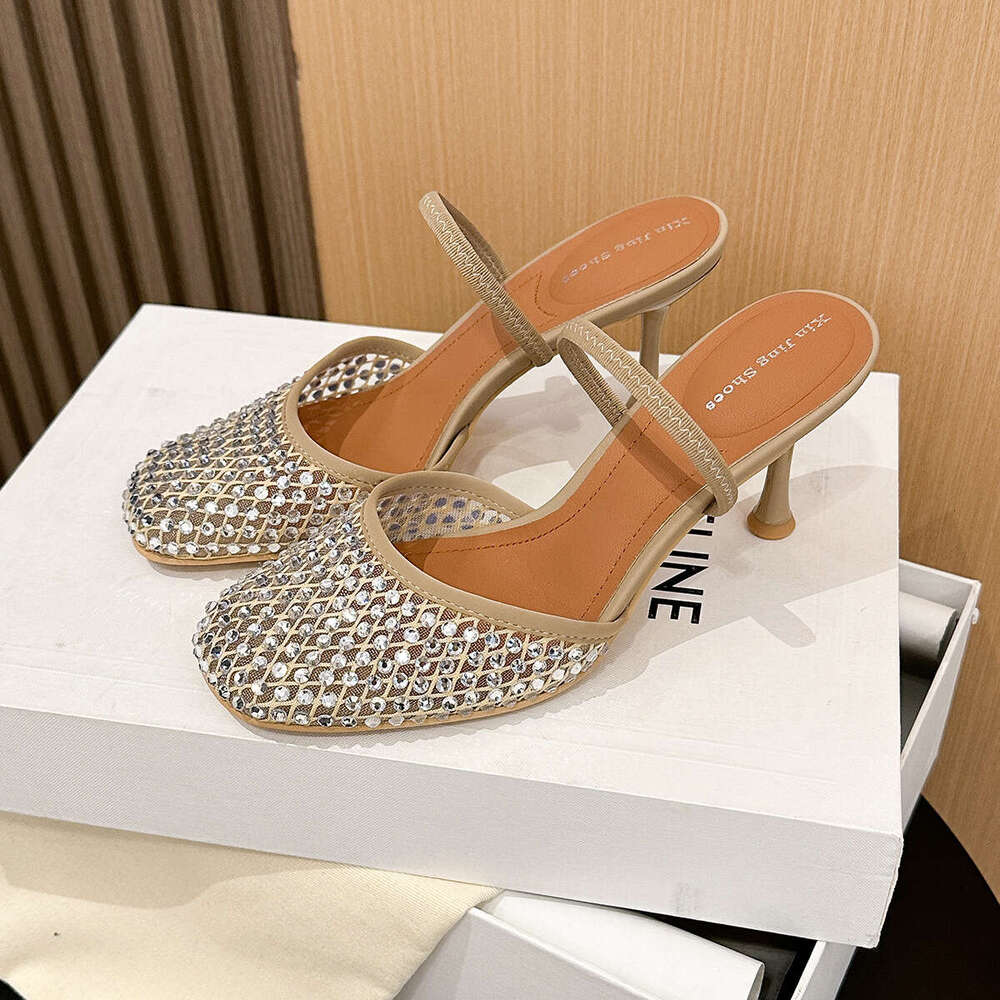 396-2 Rhinestone Round Toe Strap High Heels New Fashion Shallow Mouth Mesh Backless Single Women's Shoes