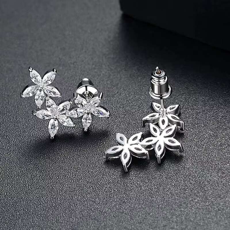Hot Sale Luxury Flowers Earrings Piercing Crystal Cubic Zirconia Delicate Women Statement Jewelry Silver Plated Earrings