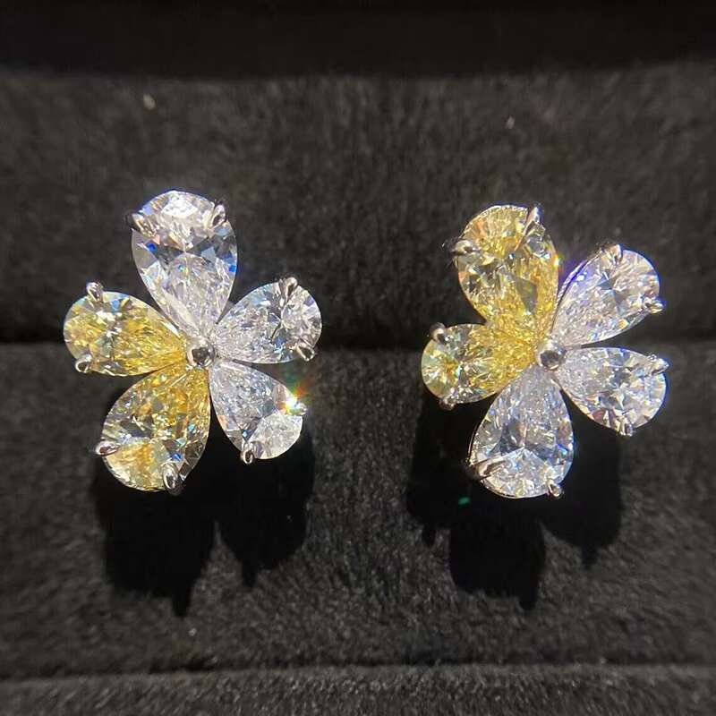 Fashion Flowers Design White/Yellow Crystal Cubic Zirconia Earrings for Trendy Wedding Silver Plated Stud Earrings Women