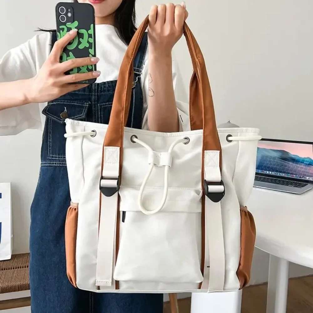 Splash Proof Nylon Fabric Shoulder Crossbody Bags For Women Multi-Pocket Drawstring Tote Bag Large Capacity Student Book Handbag