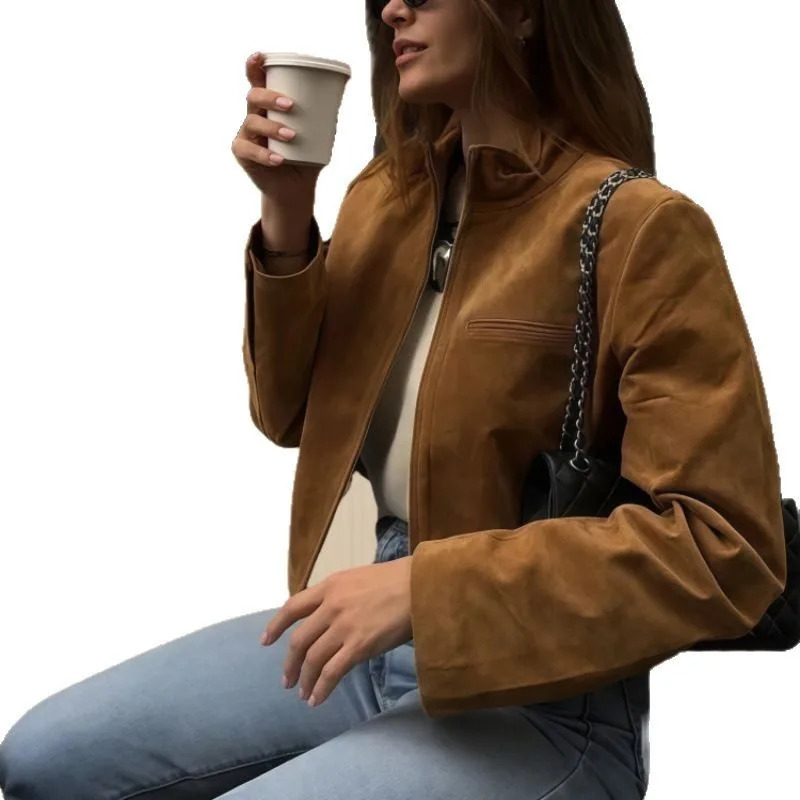 Brown velvet texture leather jacket with stand-up collar long sleeves flight suit coat for autumn motorcycle outwear. 250708