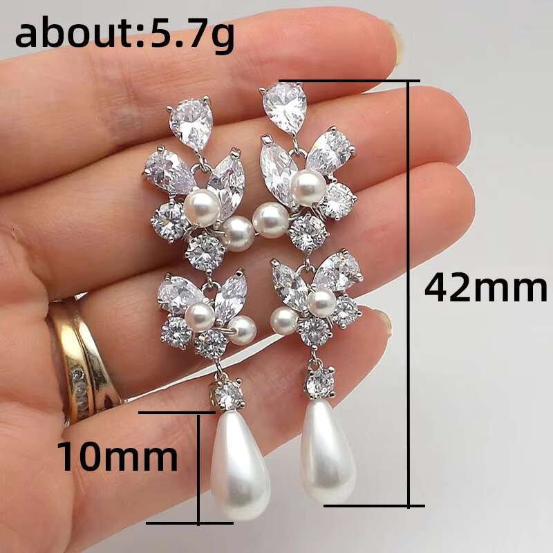 New Trendy Simulated Pearl Zircon Earrings for Women Elegant Engagement Wedding Bridal Earring 925 Silver Plating