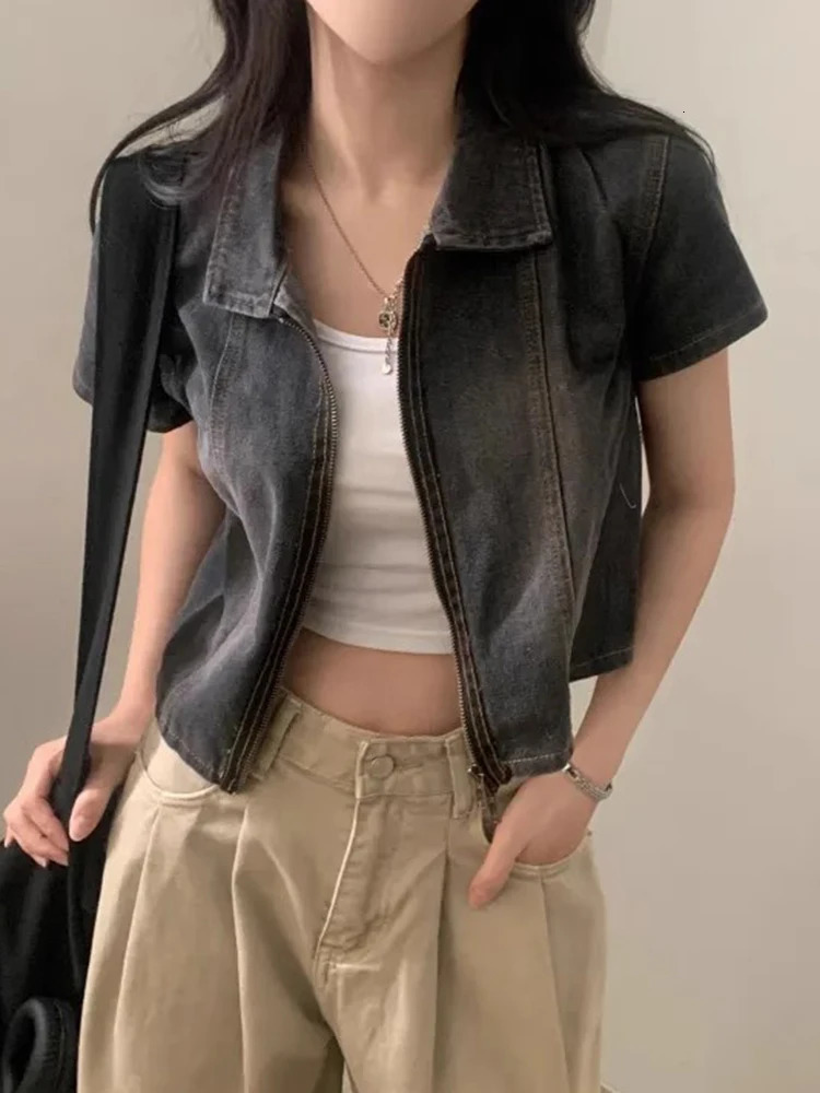 Loose Fit ort Denim irt Jaet Womens Summer Sle Retro n Double Zipper Casual Top Korean Version Other Material 250704