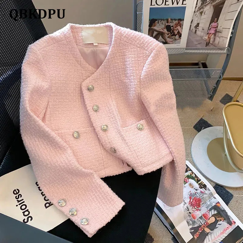 Pink Korean Tweed Cropped Jackets Tops Women Sweet O-neck Long Sleeve Short Abrigos Vintage Single Breasted Coats Blusas 250709