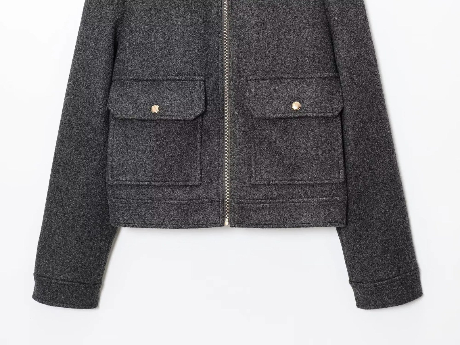 MYST ZA2025 arrivals Womens wear Classic all-match solid color pocket zipper cardigan straight short lapel tweed jacket 250709