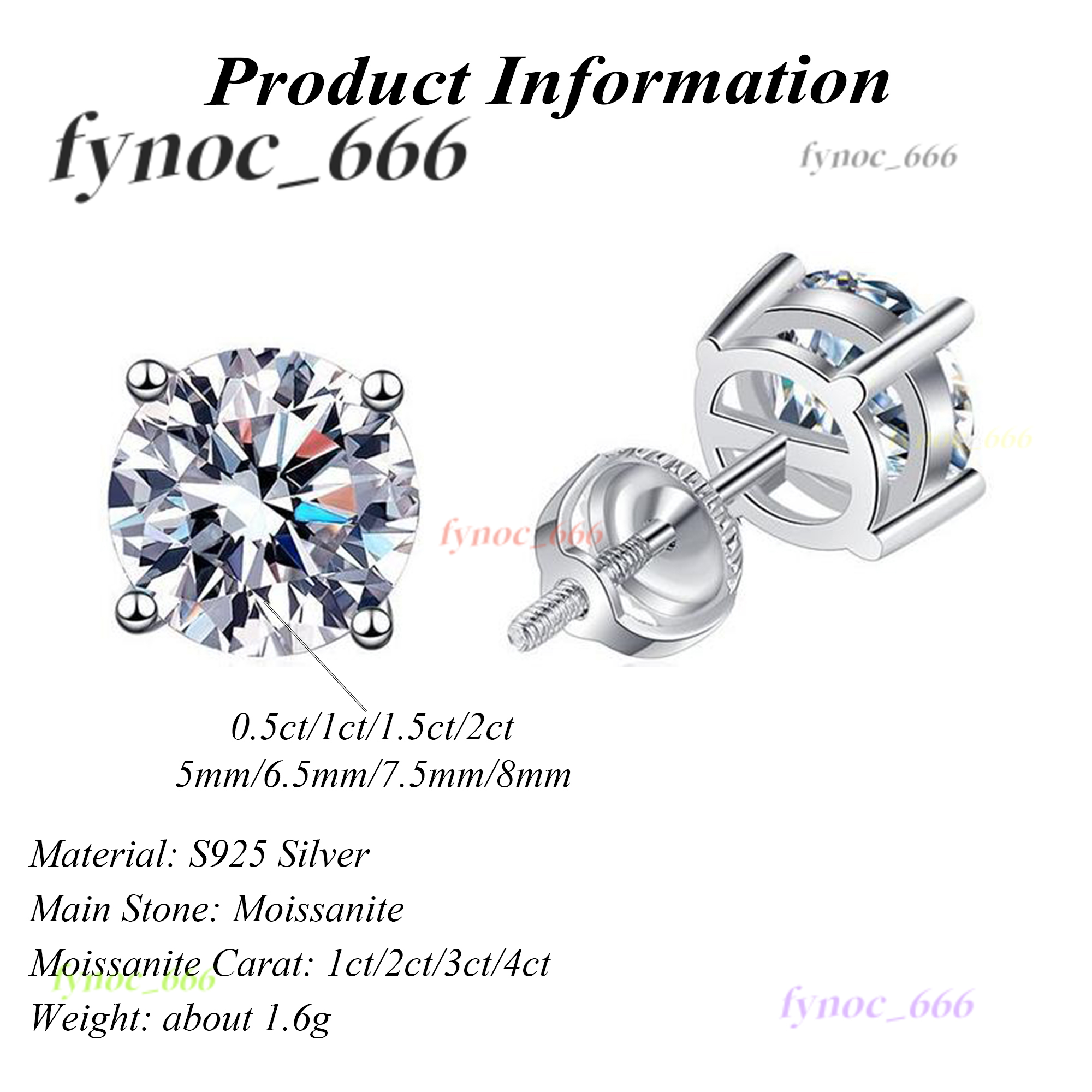 Classic 4 Prong Stud Earrings White Gold 925 Sterling Silver Moissanite Ear Stud 5mm 6.5mm 7.5mm 8mm for Men