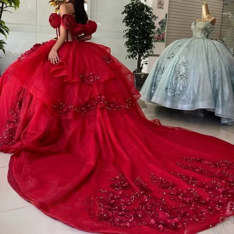 Red Shiny Quinceanera Dresses Off the Shoulder Applique 3D Flower Lace Beads layering Long tail Vestido 15 De Anos Sweet 16 Dress