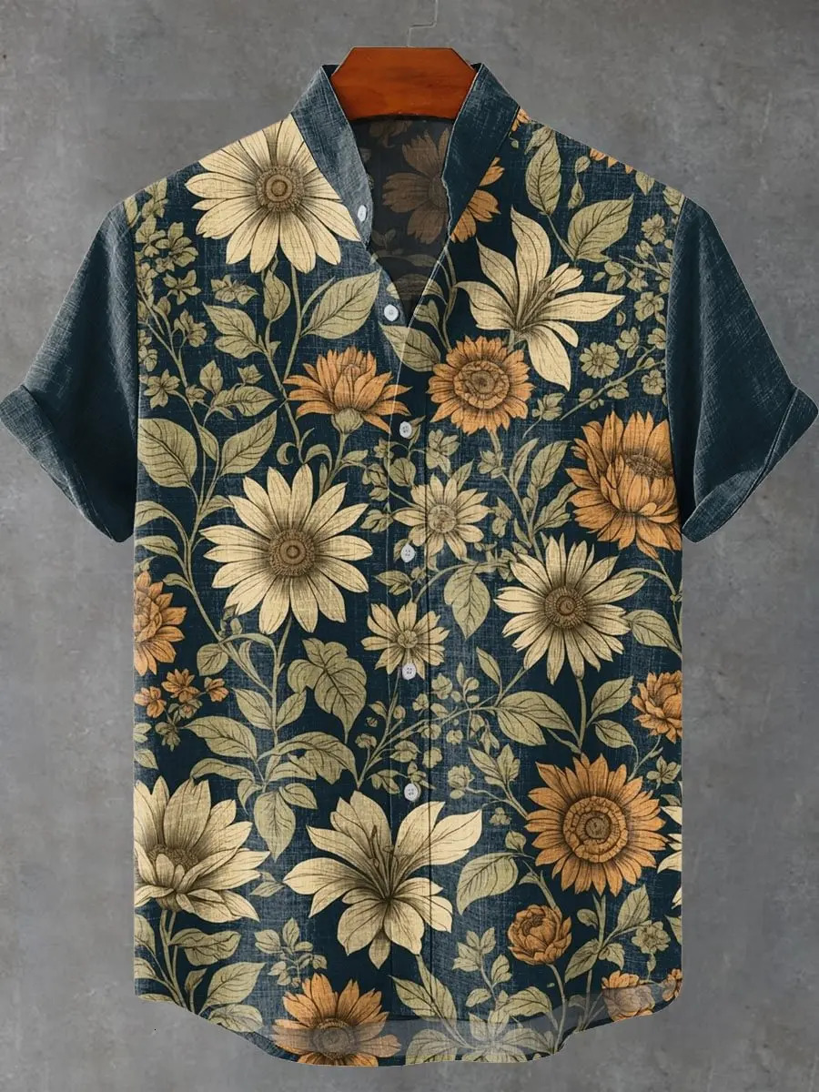 Mens Summer Elegant Art Petal Pattern Retro Linen Short Sleeve Shirt Comfortable Casual High Quality Button Top Mens Fashion 250707