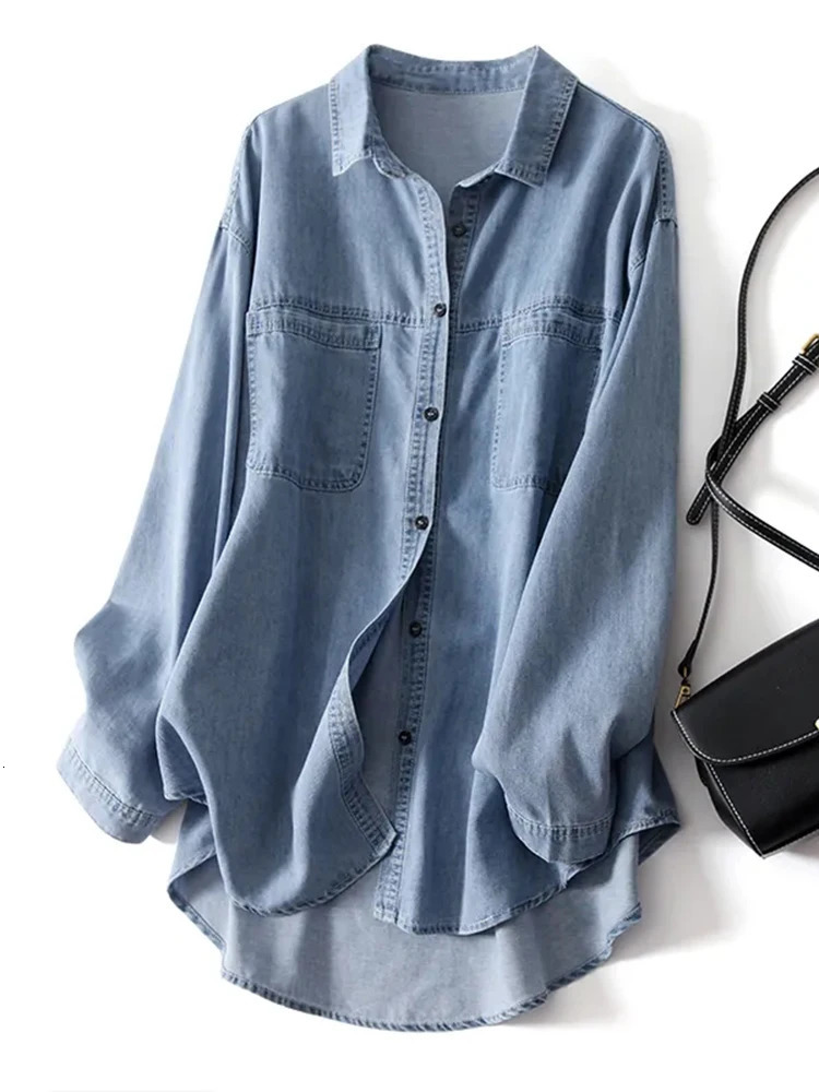 100 Cotton Women Denim Shirts Loose Vintage ned Female Jeans Long Sleeve Blue Casual Streeetwear Tops 250704