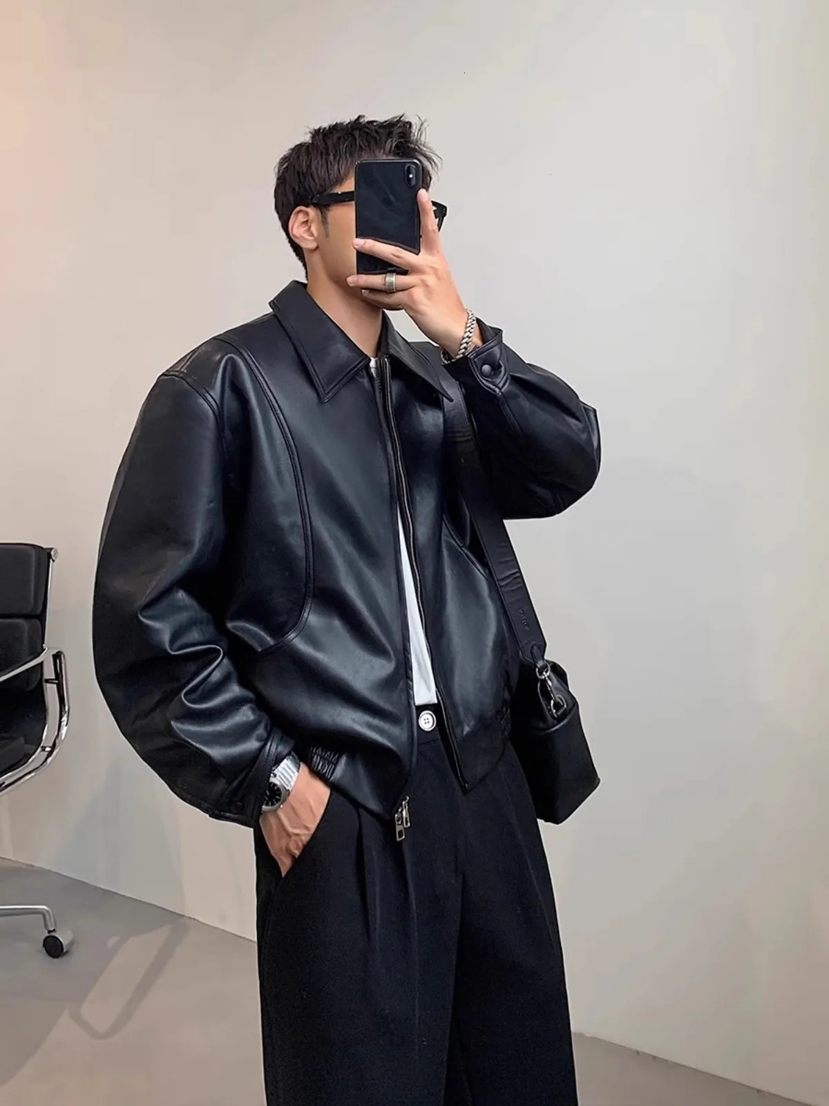 Mauroicardi Spring Autumn Cool Short Soft Pu Leather Jacket Men with Turn-down Collar Zipper er Korean Clothes 250708