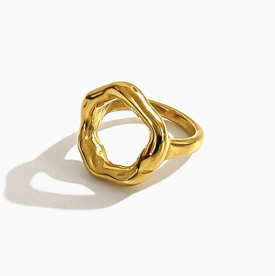 Perisbox Vintage 18K Gold Plated Irregular Circle Melted Texture Detail Rings Stainless Steel Waterproof Trendy Womens Jewelry 250708