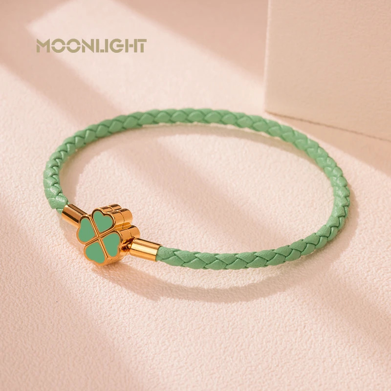 Green Four-Leaf Clover Lucky Bracelet For Women Genuine Braided Leather Bracelet 9 Colors Birthday Party Jewelry ChiristmasGifts 250712