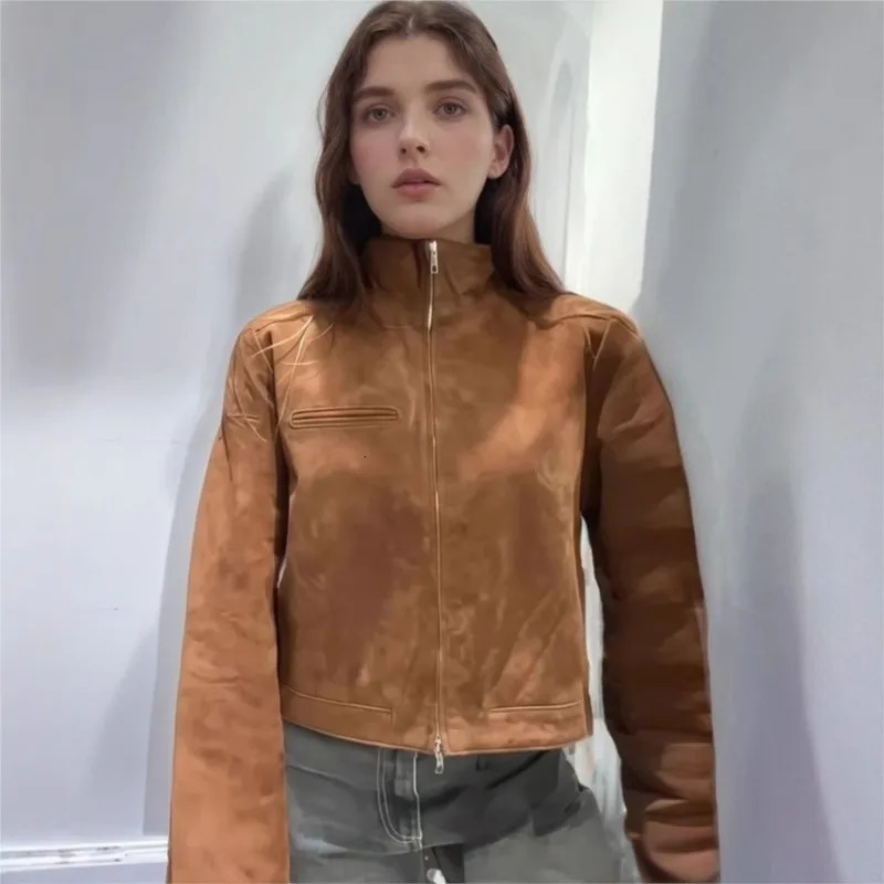 Brown velvet texture leather jacket with stand-up collar long sleeves flight suit coat for autumn motorcycle outwear. 250708