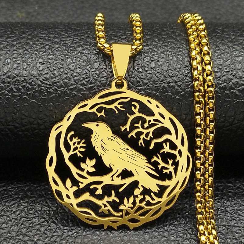 Hollow Crow Raven Birds Pendant Necklace Stainless Steel Black Color Love Flower of Life Knight Chain Jewelry Gifts W250712