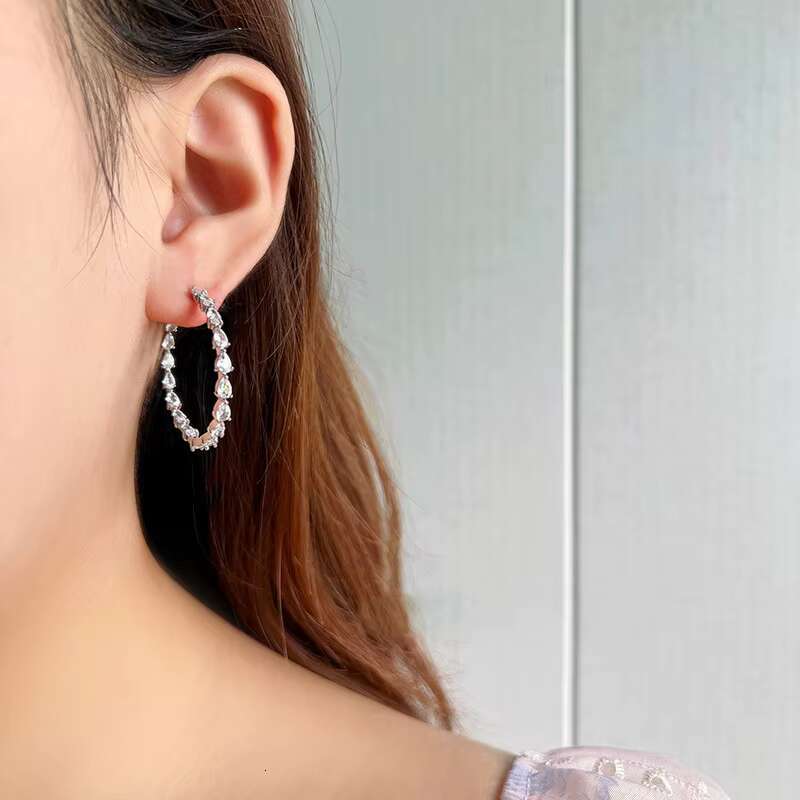 Luxury Pear Design Cubic Zirconia Big Circle Earrings for Wedding Engagement Silver Plated Hoop Earrings for Women Bridal
