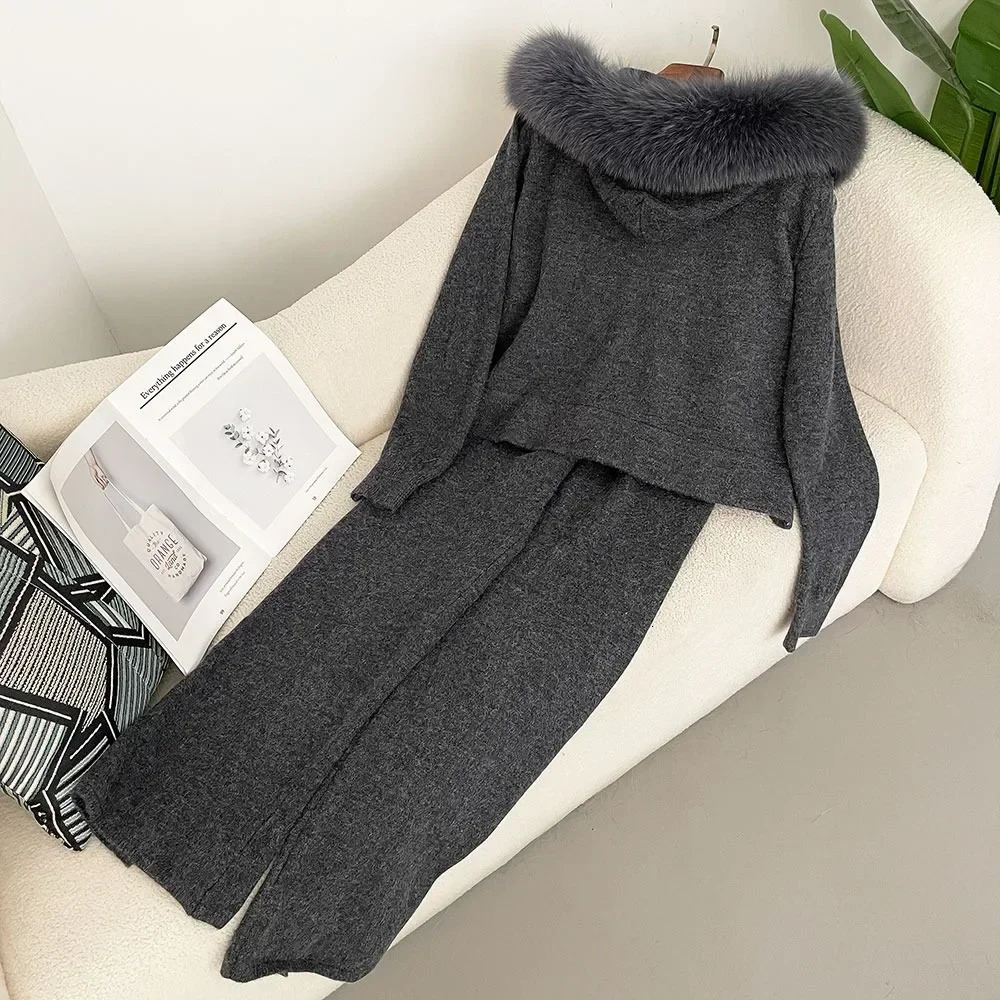 Knitwear Autumn and Winter Fashionable Sweater Suit Women Trousers Hooded Jacket with Detachable Fox Fur Collar Fur Coat 250708