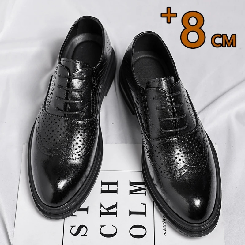 Spring Summer Men Hollow Platform High Heel 6/8 CM Height Growth Formal Men Derby Leather Shoes Man Wedding Dress Elevator Shoes 250712