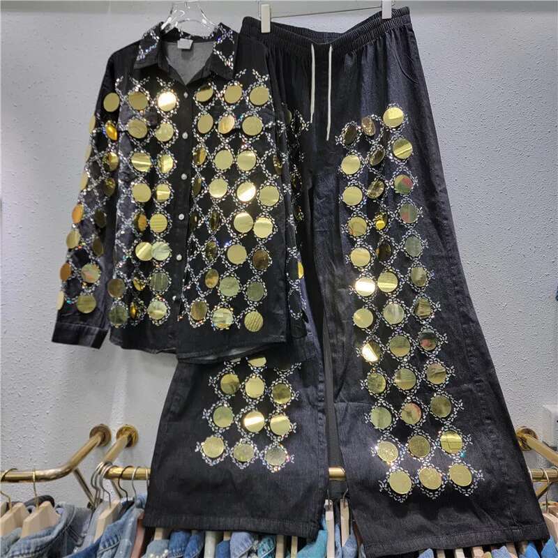 Hot Drilling Plaids Dias Beaded Shirt Coat Big Sequined Jacket Tops+High Waist Straight Wide Legs Denim Pants 2Pcs Set