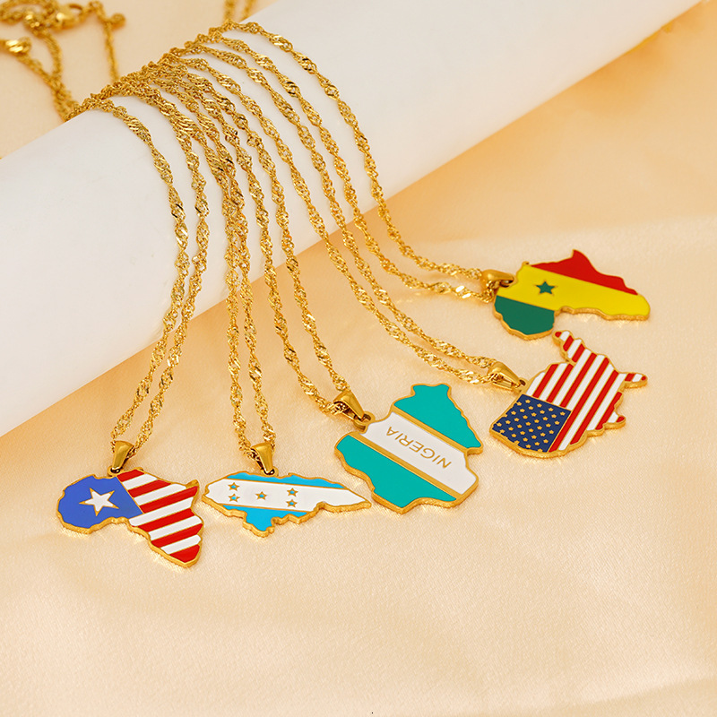 Luxury Jewelry Designer Jewelry Cross-border Personalized World Map Necklace For Women USA Nigeria Africa 18K Gold Plated Oil Drop Titanium Steel Clav
