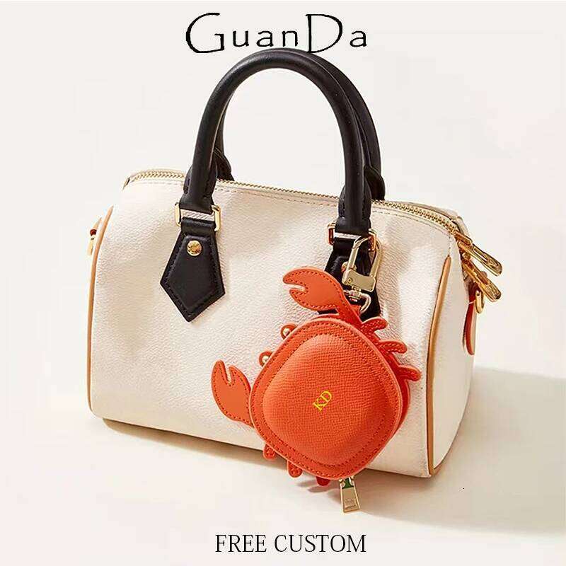 Genuine Leather Crab Earphone Bag Zipper Creative Custom Initials Handbag Pendant Fashion Charm Keychain Coin Purse Gift