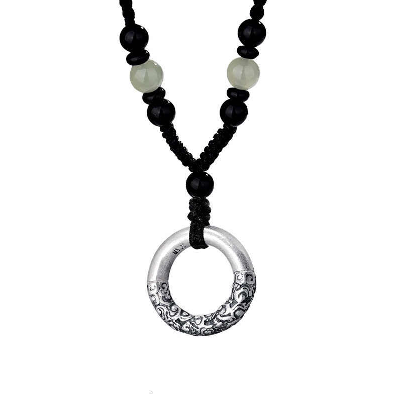 Luxury Jewelry Designer Jewelry Tiqia Real Shot Xiangyun Peace Buckle Necklace For Men, Pure Silver 999, Retro National Trend, Black Agate Beaded Brai