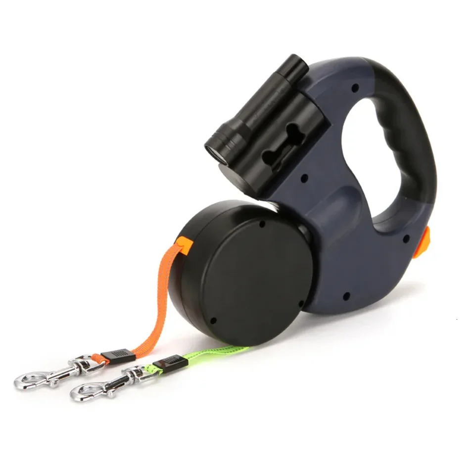 Double Retractable Dog Leashes 3m with Flashlight Poop Bag | Telescopic Nylon Extending Lead for Walking | Service Dog Tractio 250709
