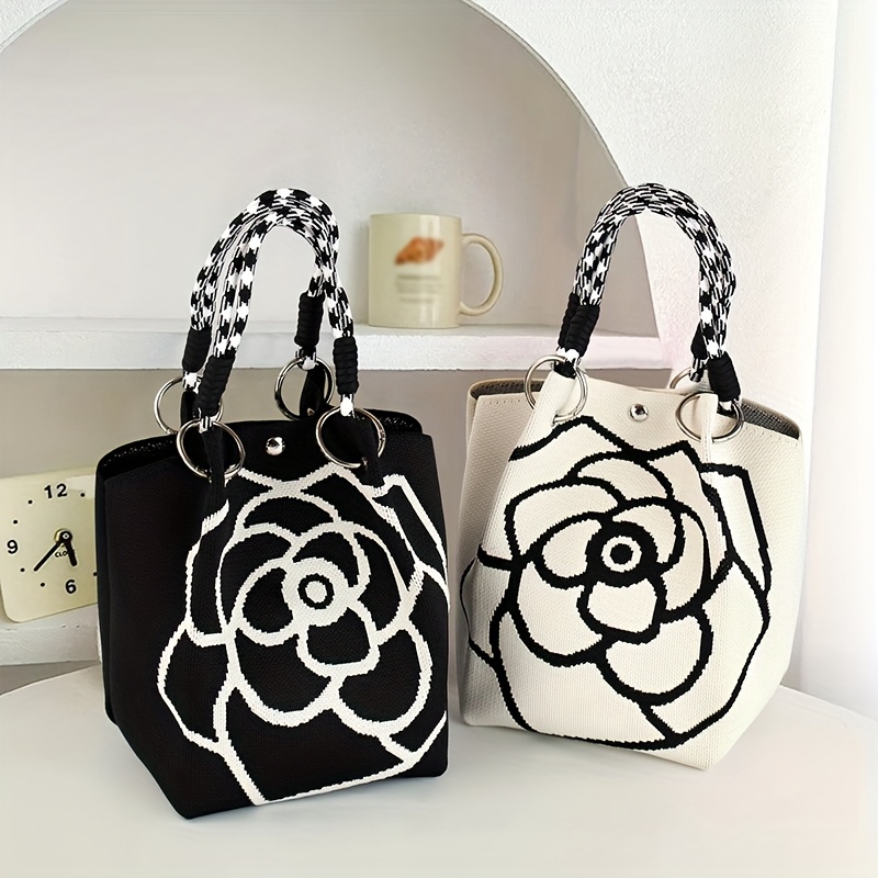 Ladies' floral knitted handbag Shoulder Clutch Bags crossbody Women's tote bag handbag trendy grid tote bag versatile flower hand-held singl