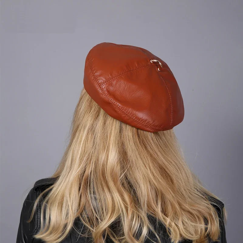 Spring/Winter 100% Real Leather Beret Hat Women Fashion European Pumpkin Painter Caps Female Rainbow Color White/Red Thin Boina 250712