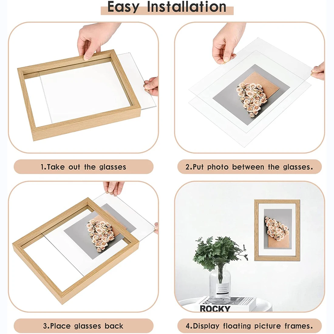 Wooden Photo Frames,Table Display Side Pressed Flower Frames, Plant Specimen Herbarium Clip Double Glass Frame H260306